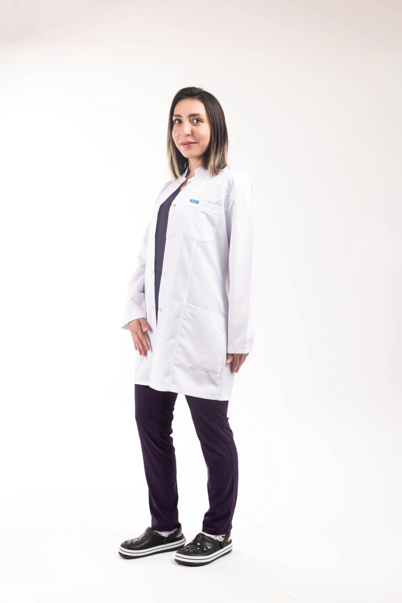 Kadın - Tunik Boy, Hakim Yaka, Uzun Kol Beyaz Önlük - OksijenUniform