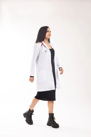 Kadın - Tunik Boy, Klasik Yaka, Uzun Kol Beyaz Önlük - OksijenUniform