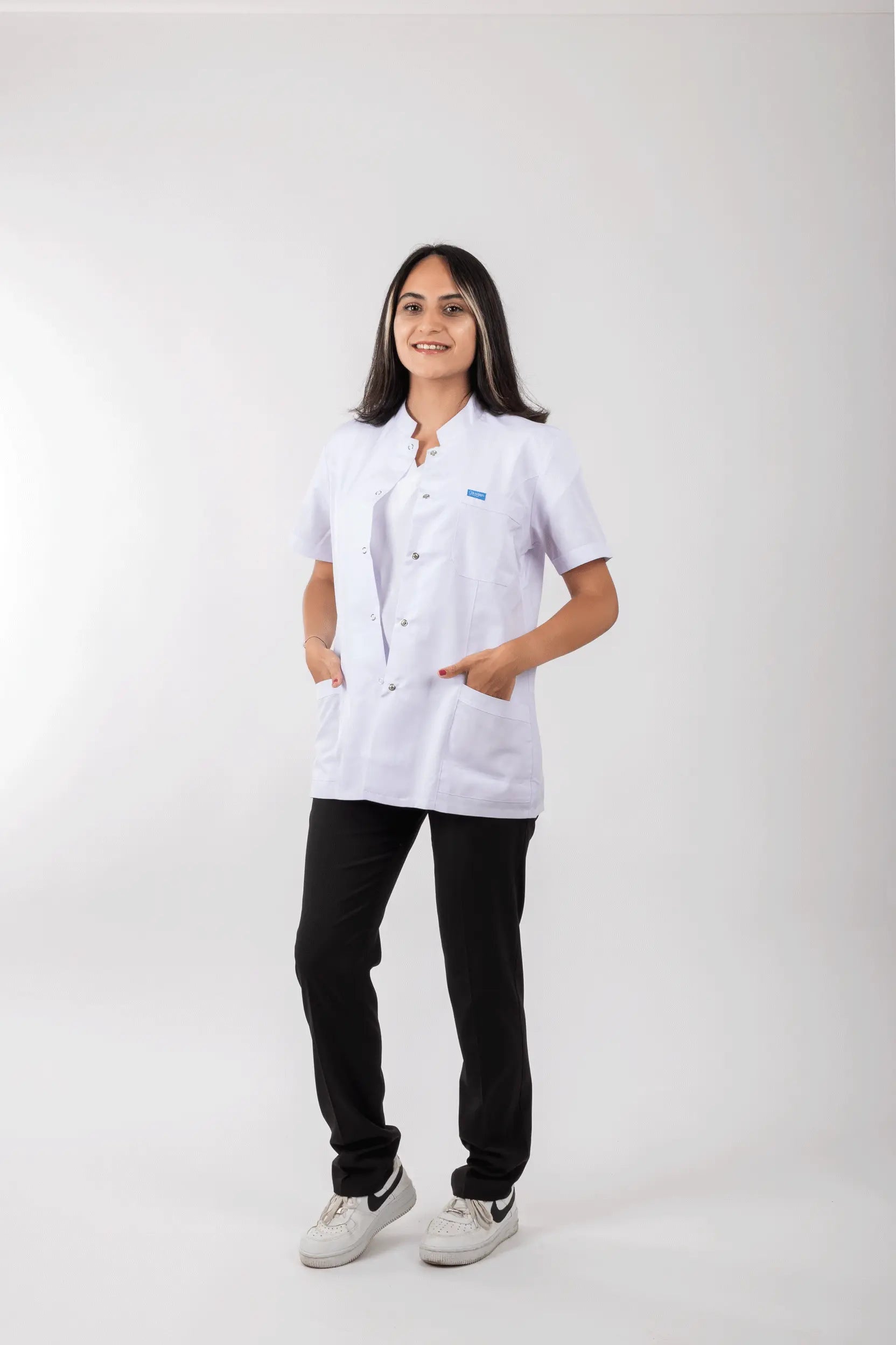 Kadın - Ceket Boy, Hakim Yaka, Kısa Kol Beyaz Önlük - OksijenUniform