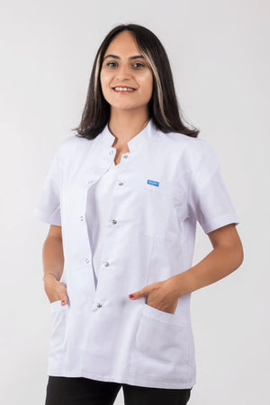 Kadın - Ceket Boy, Hakim Yaka, Kısa Kol Beyaz Önlük - OksijenUniform